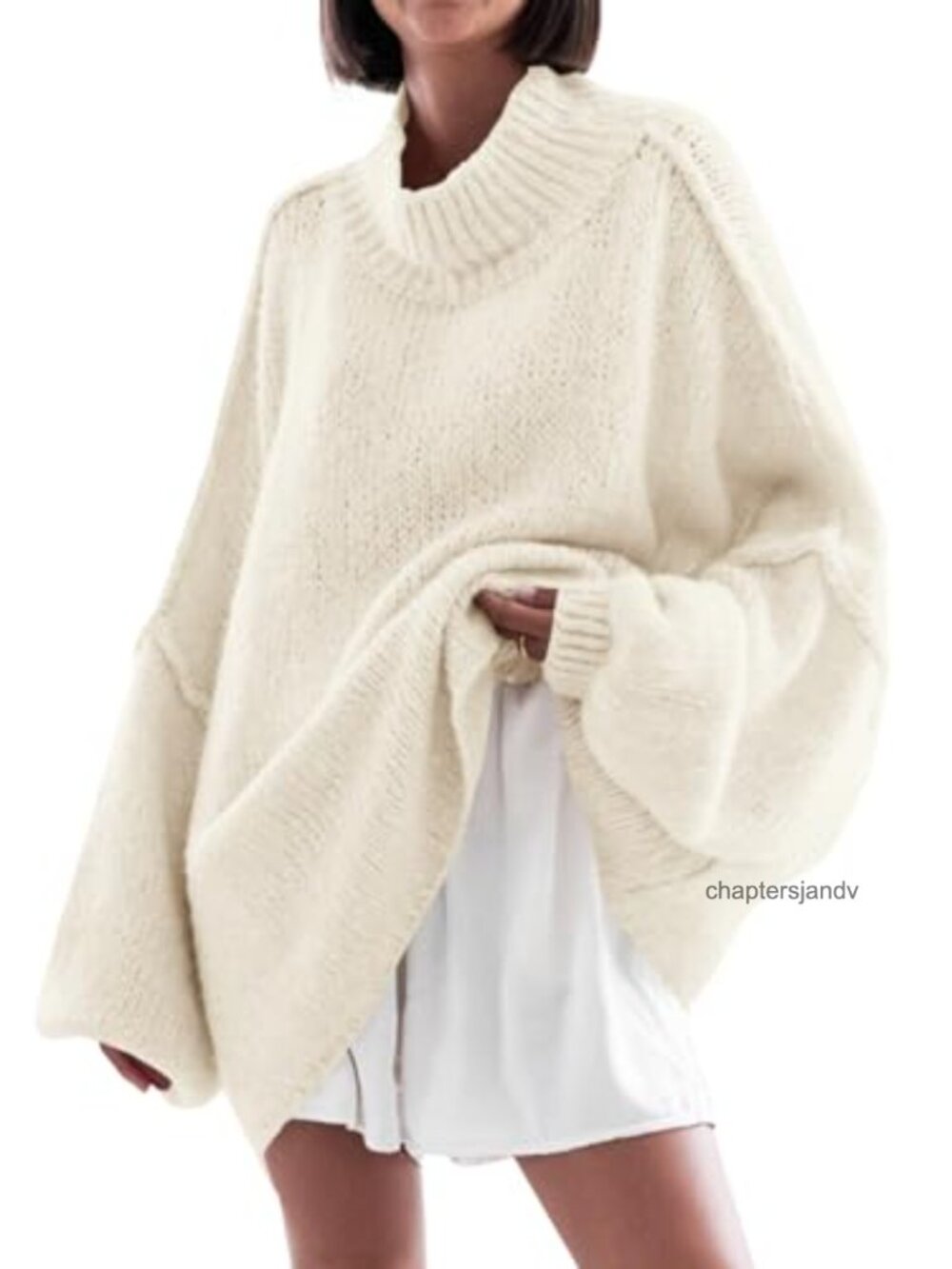 Women's Oversized Mock Neck Batwing Tunic Sweater Ribbed Knit Pullover